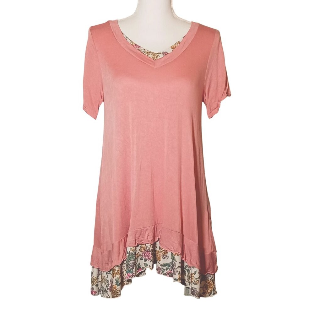 VTG VS Vision Floral‎ Short Sleeve V-neck Asymetrical Tunic Top Ruffled Hem S